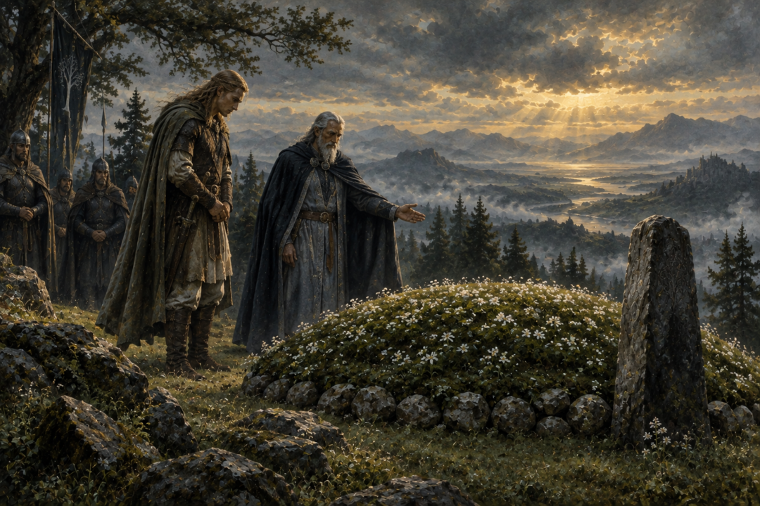 Cirion reveals the secret Tomb of Elendil to Eorl the Young on Amon Anwar.