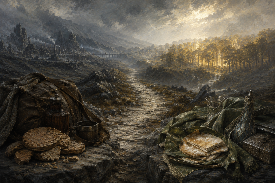 Cram and mallorn-wrapped lembas beside a wilderness road symbolizing different cultures of travel