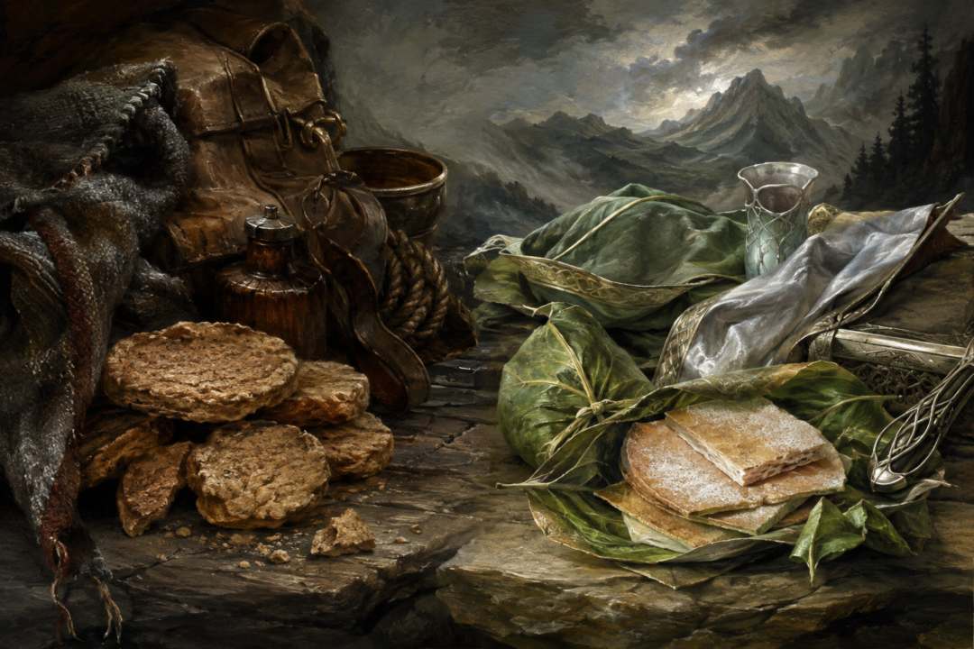 Cram and lembas displayed with contrasting mortal and Elven travelling provisions