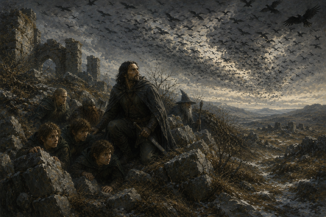 The Fellowship hides in Hollin as black crebain sweep overhead and threaten to reveal their movements.