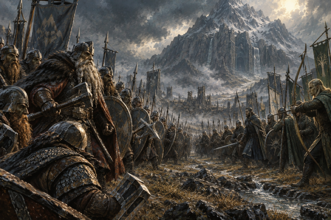 Dáin’s Dwarven army confronting the assembled Men and Wood-elves outside the Lonely Mountain before the Battle of Five Armies.