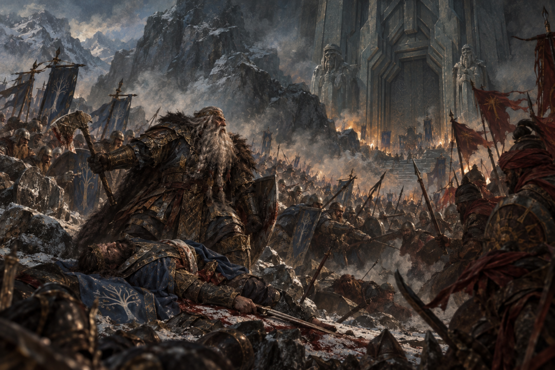 Dáin Ironfoot defending the fallen King Brand before the Gate of Erebor during the Battle of Dale.