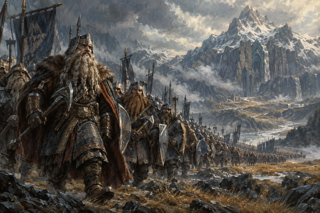 Dáin Ironfoot leading more than five hundred armed Dwarves from the Iron Hills toward Erebor.