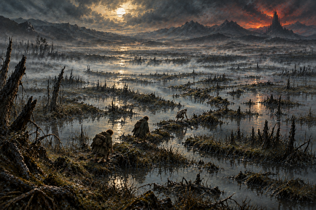 Frodo and Sam following Gollum along a narrow winding route across the vast Dead Marshes toward Mordor