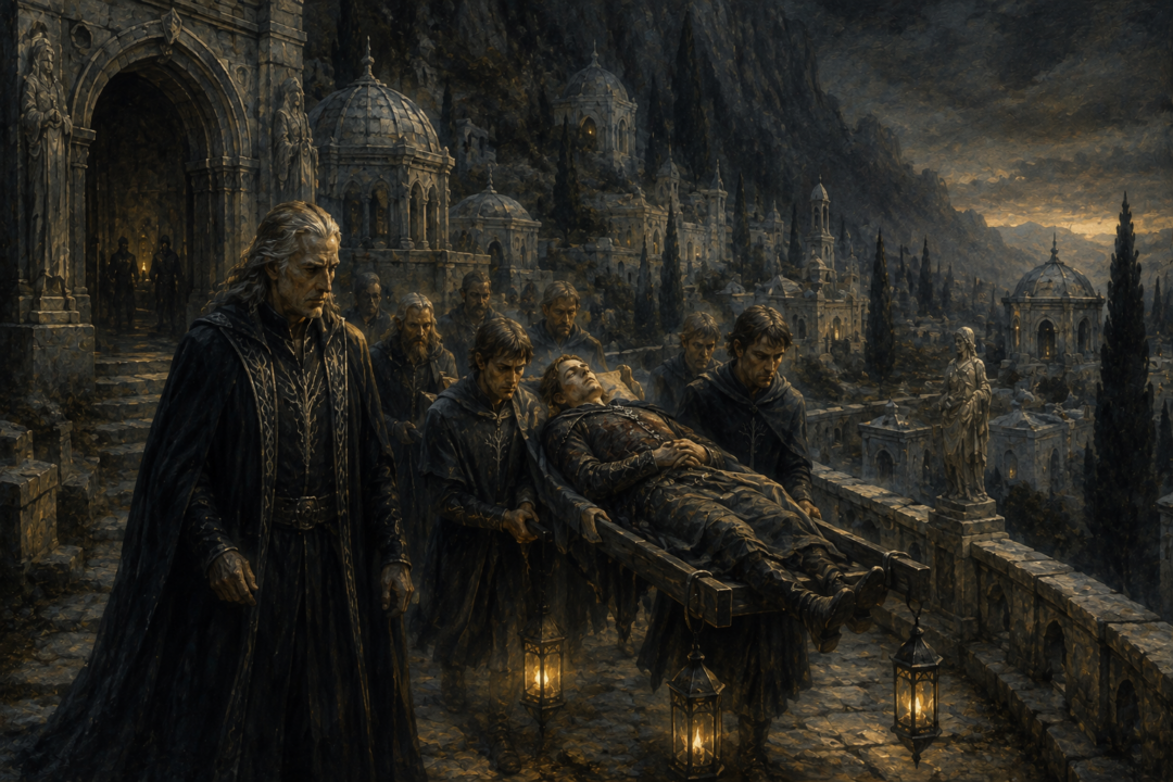 Denethor and his servants carrying the wounded Faramir down the sacred road toward Rath Dínen and the House of the Stewards