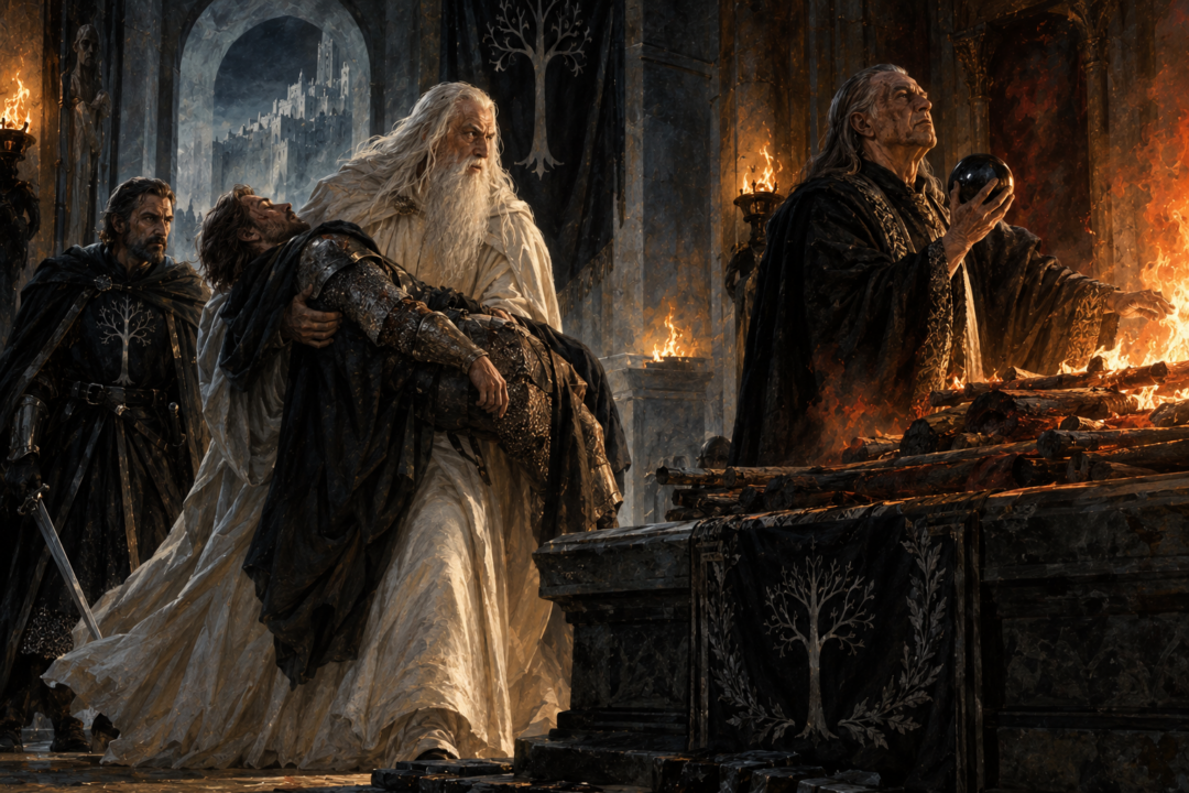 Gandalf rescues the living Faramir from Denethor's funeral pyre inside the House of the Stewards