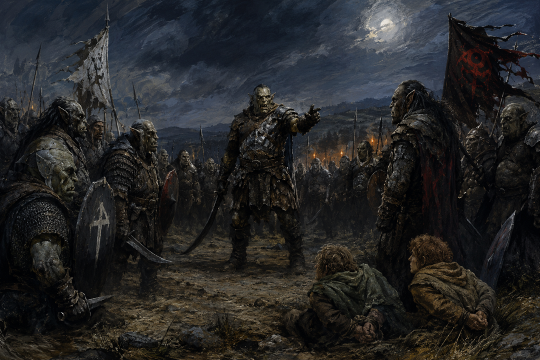 Uglúk and rival Orc factions argue on the plains of Rohan while the captive Merry and Pippin listen nearby.