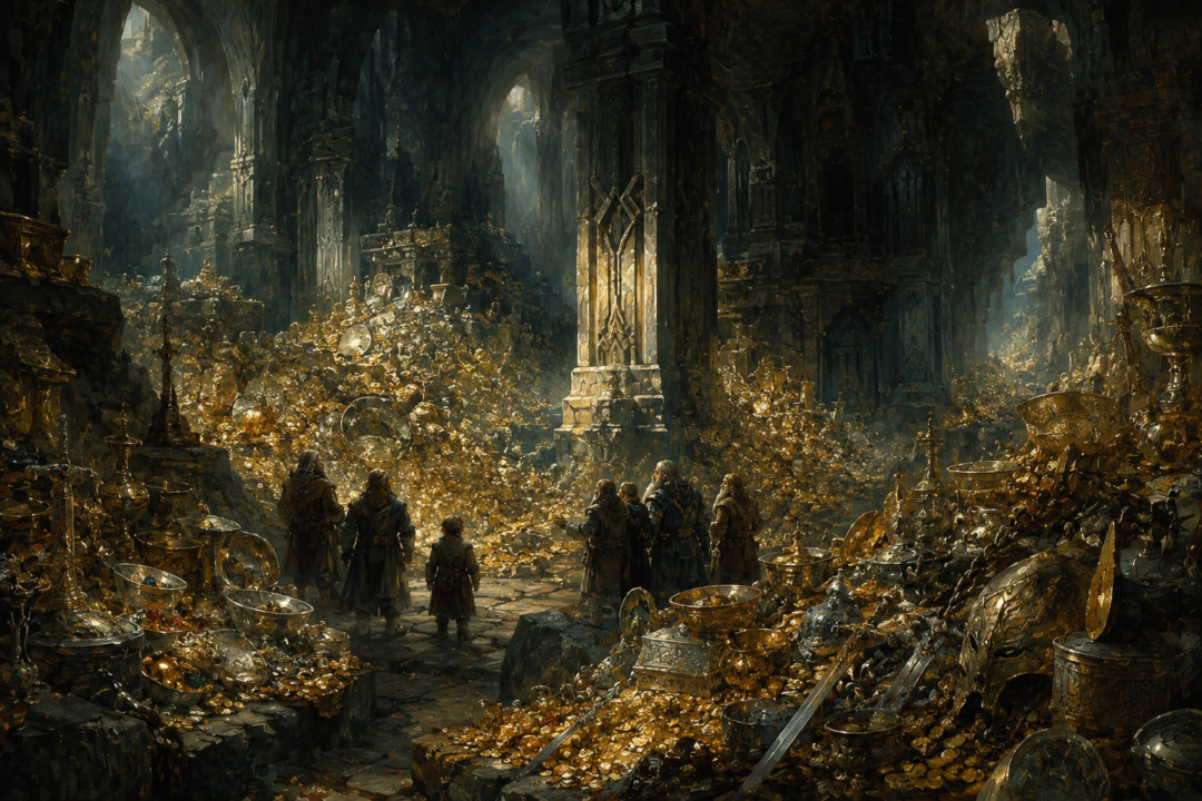 Bilbo and the Dwarves facing the enormous mixed treasure hoard of Erebor after Smaug's death.