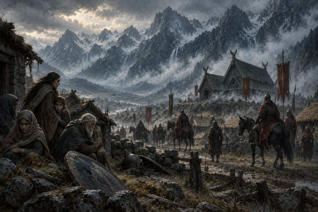 Conquered Dor-lómin beneath the enclosing mountains of Hithlum after the Nirnaeth Arnoediad