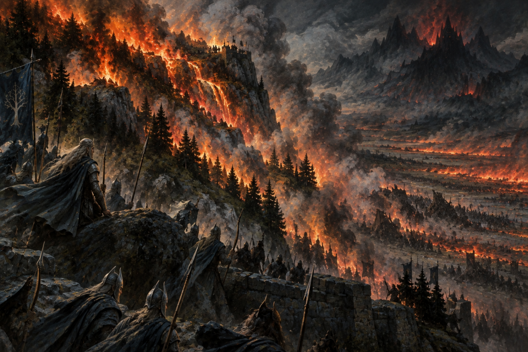 The heights of Dorthonion stopping the fiery torrents as forests burn and Morgoth's armies advance.