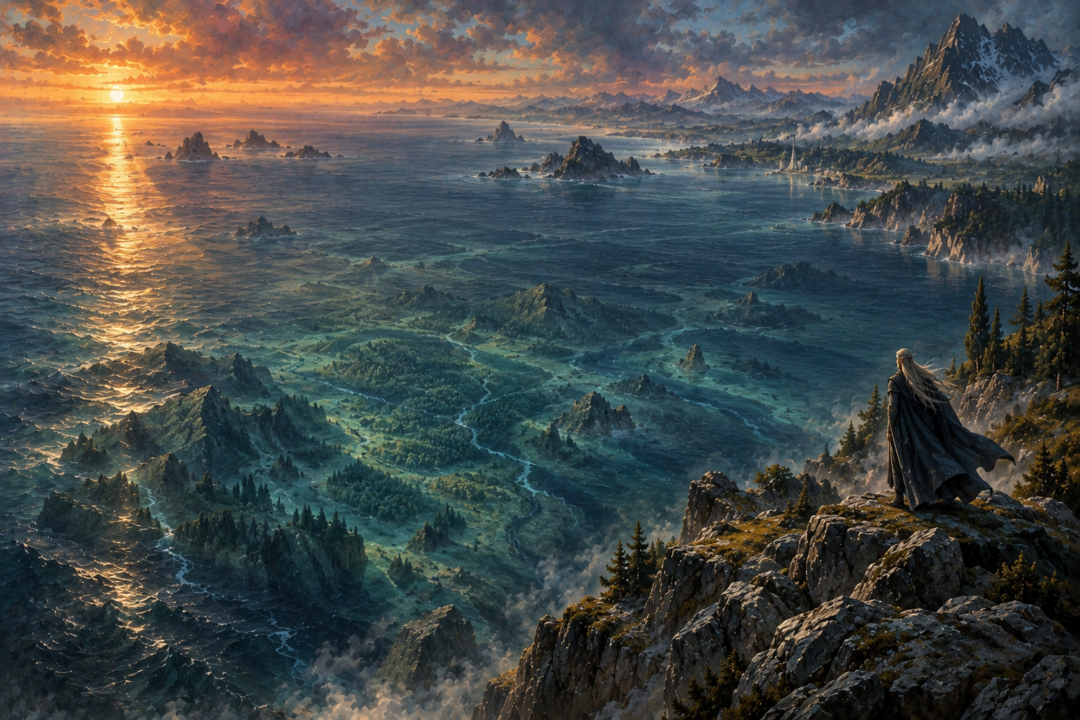 Elven traveler in Lindon looking west across the sea covering the lost lands of Beleriand