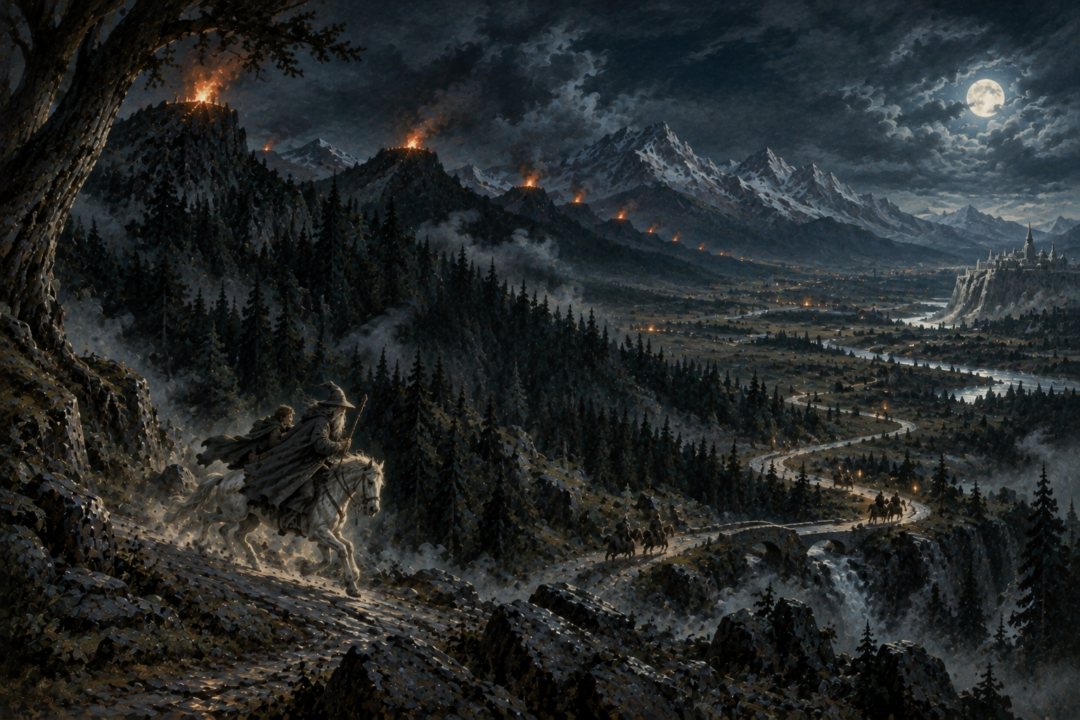 Night panorama of the Drúadan Forest road with Gandalf and Pippin riding beneath Gondor's burning beacons