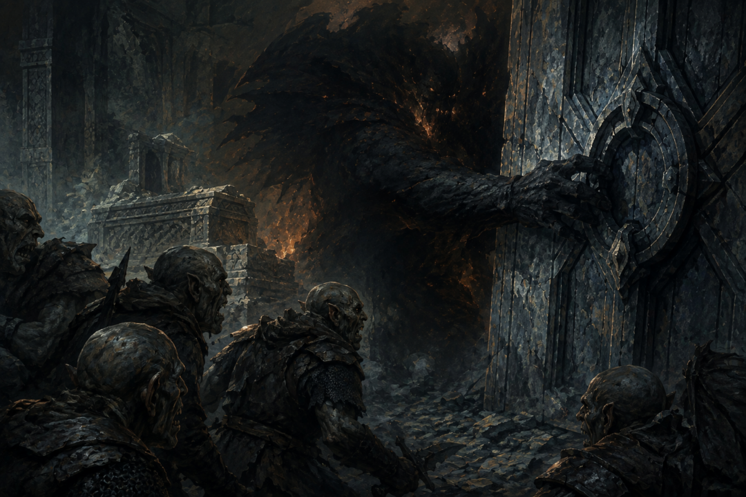 Frightened Orcs retreat as an unknown shadowy presence takes hold of the iron ring behind Gandalf's magically sealed door.