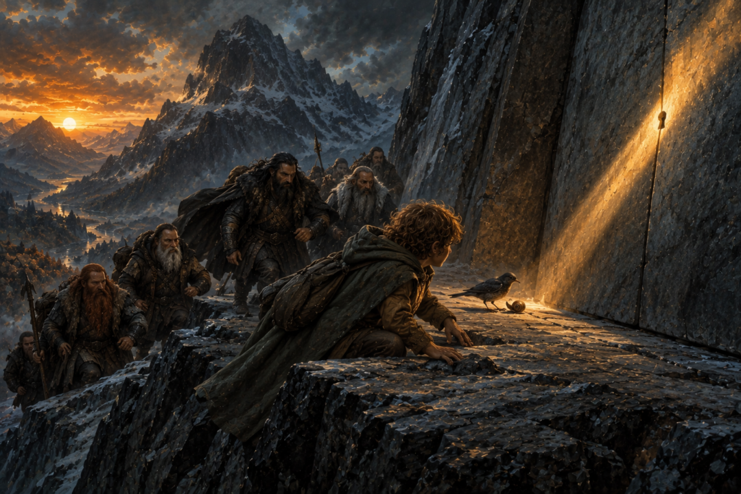 The last sunlight of Durin’s Day reveals the keyhole in Erebor’s secret door as a thrush knocks nearby.