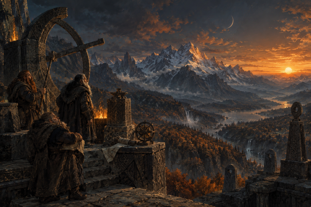 A young Moon and setting Sun share the sky above autumn mountains at the threshold of winter.