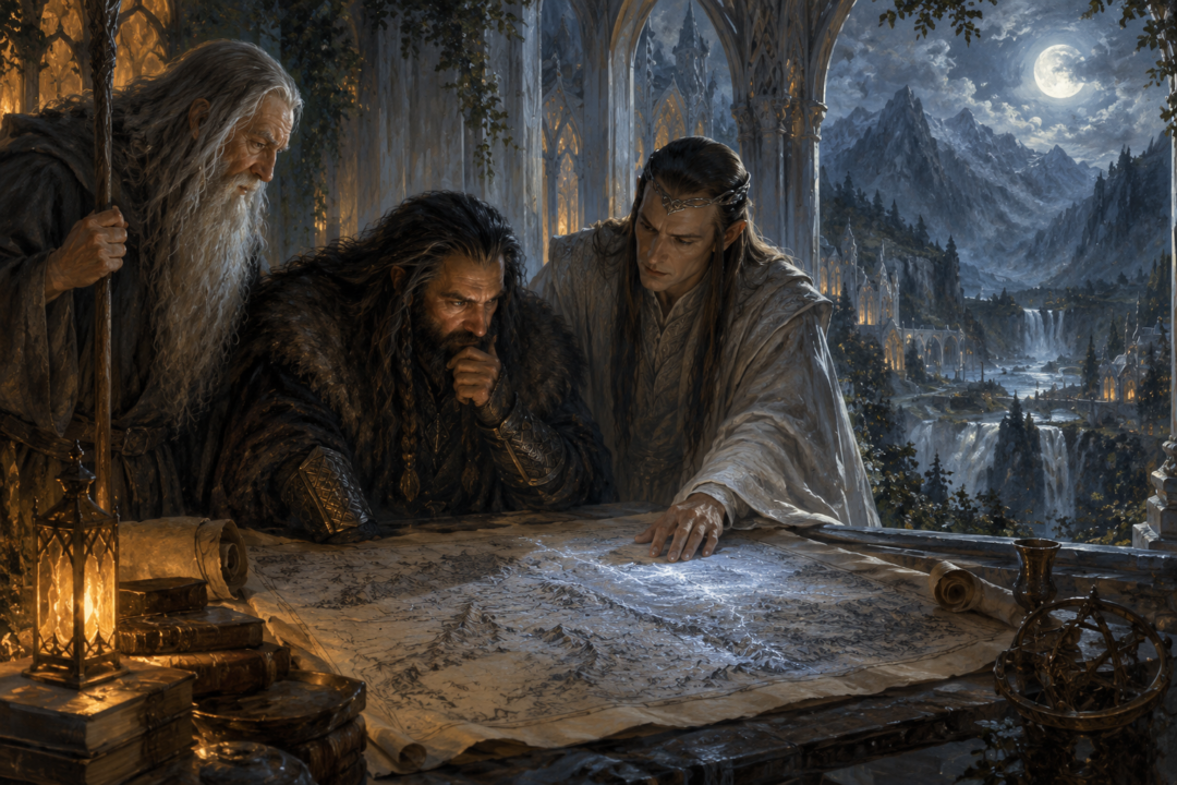 Thorin studies Thrór’s map in Rivendell as moonlight reveals the hidden moon-letters.