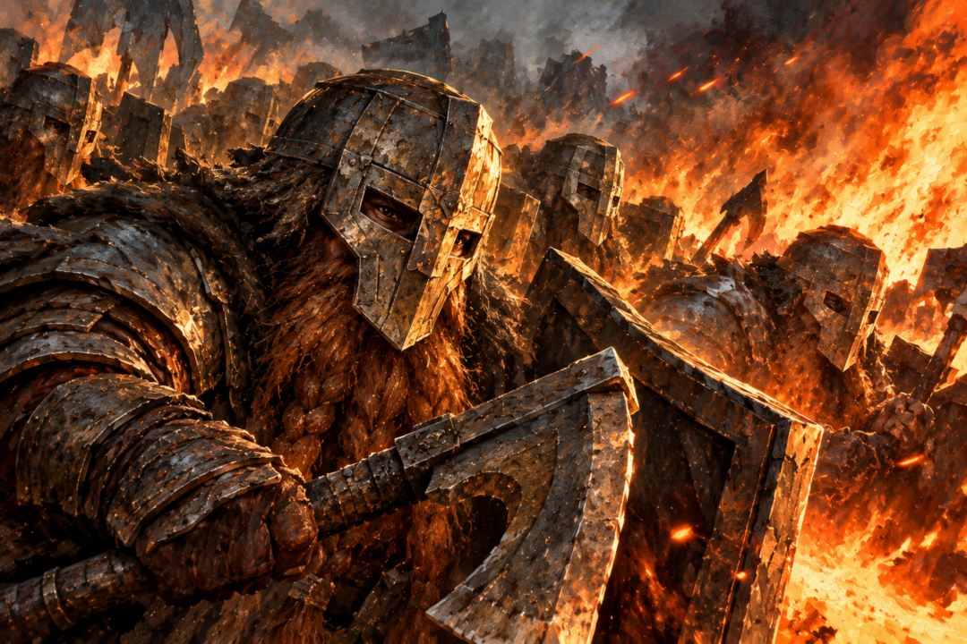 Close view of a Dwarf of Belegost wearing a scorched battle-mask while enduring the heat and flames of Glaurung.