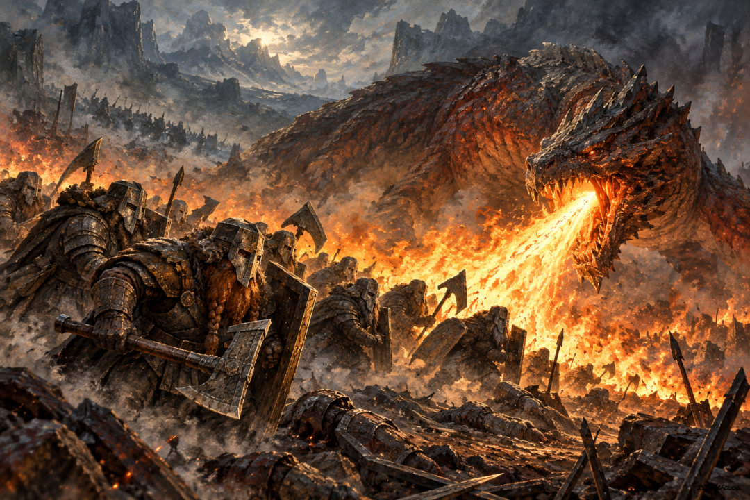 Dwarves of Belegost wearing protective war-masks as they withstand Glaurung's dragon-fire during the Nirnaeth Arnoediad.