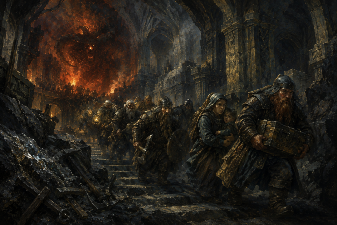 Dwarves fleeing the deep halls of Khazad-dûm after the awakening of Durin's Bane