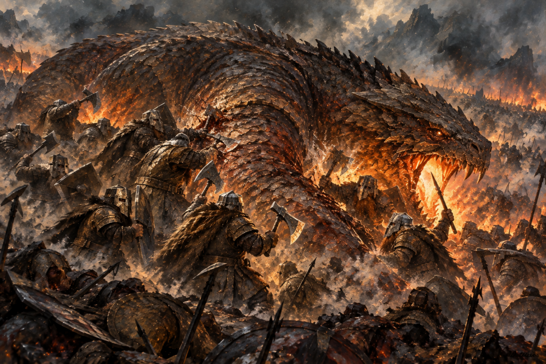 Masked Dwarves of Belegost surrounding the wingless dragon Glaurung and attacking him with axes during the Battle of Unnumbered Tears.