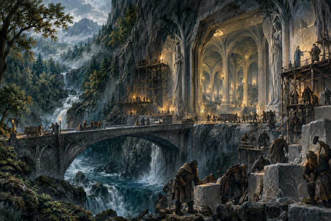 Dwarves of Belegost and Sindarin Elves constructing the stone halls and gateway of Menegroth beside the Esgalduin