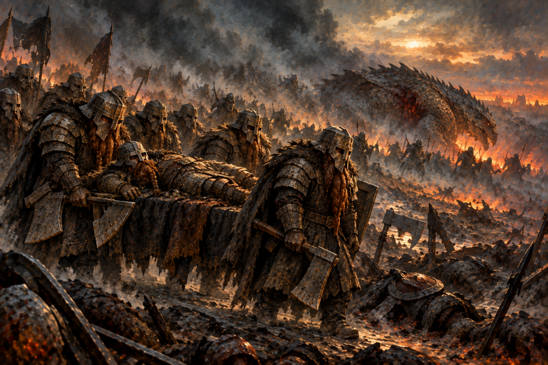 Dwarves of Belegost carry the fallen Azaghâl from the battlefield as the wounded Glaurung retreats through the smoke.