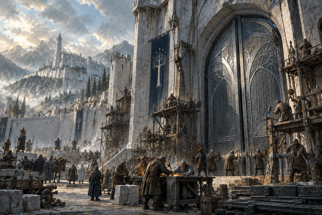 Dwarven craftsmen installing new mithril and steel gates at Minas Tirith after the War of the Ring