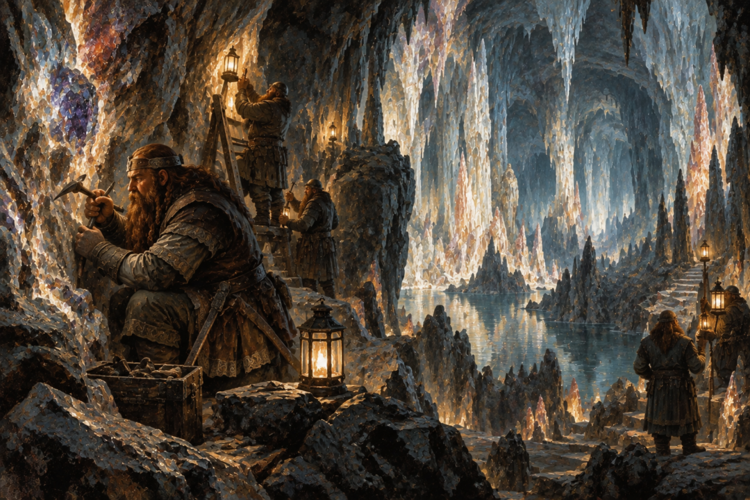Dwarven craftsmen carefully open and illuminate passages in the Glittering Caves while preserving their natural formations.
