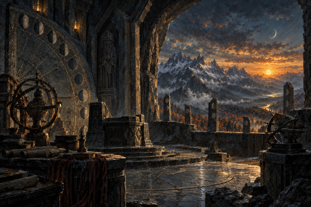 An ancient Dwarvish mountain observatory tracks the Moon, Sun, and seasons associated with Durin’s Day.