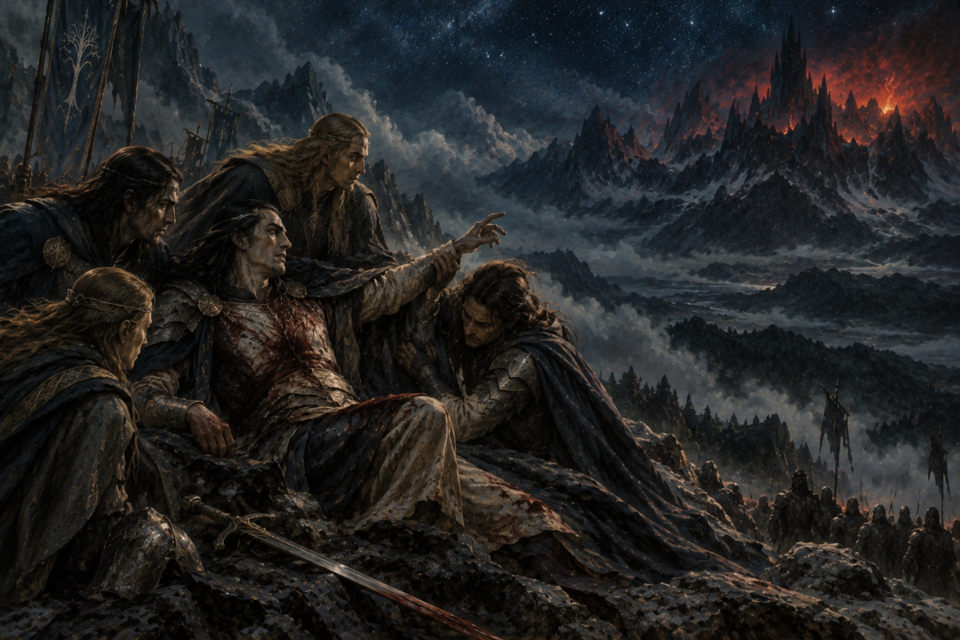 The mortally wounded Fëanor looking toward the distant peaks of Thangorodrim as his sons gather around him.
