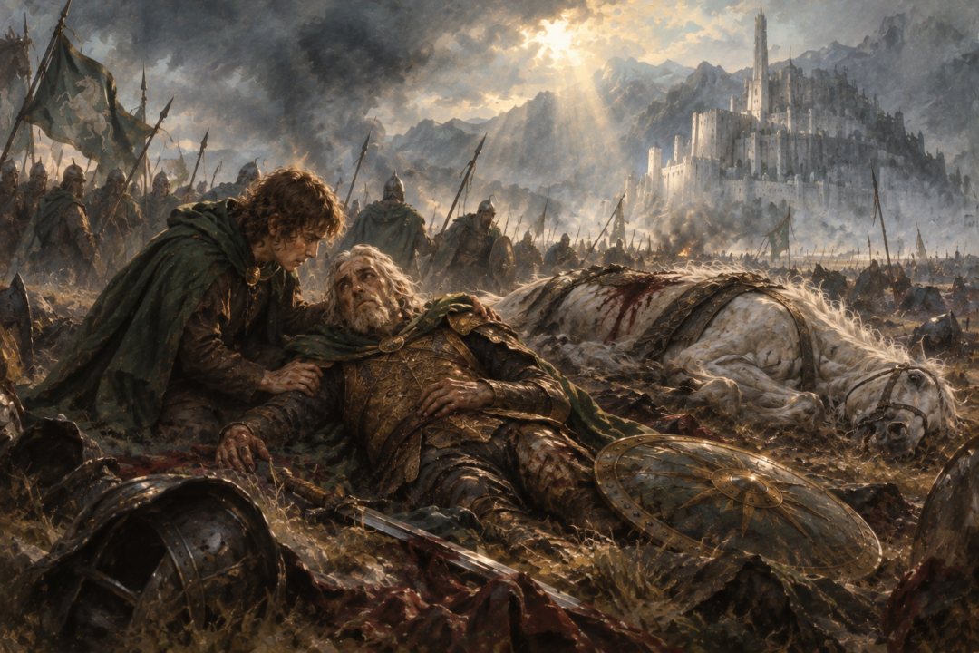 The mortally wounded Théoden speaking with Merry on the Pelennor Fields after Snowmane's fall.