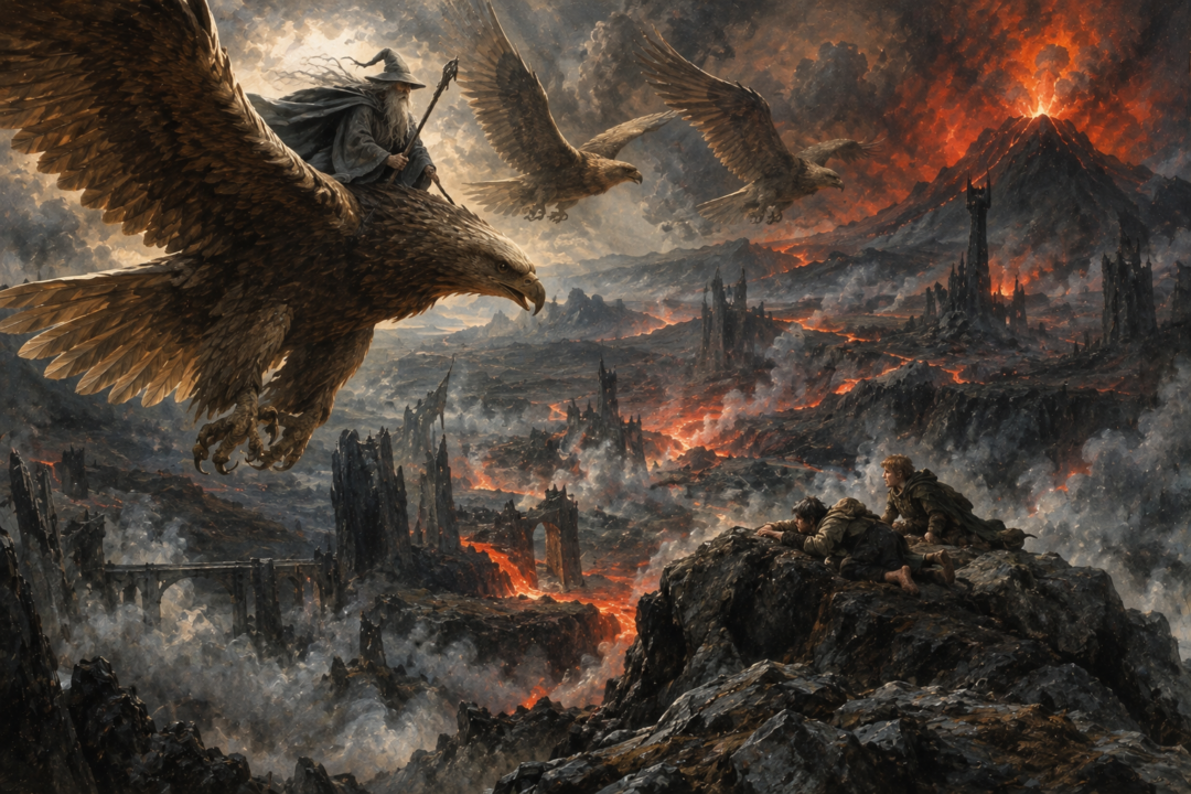 Gwaihir, Landroval, and Meneldor fly through the destruction of Mordor to rescue Frodo and Sam from Mount Doom.