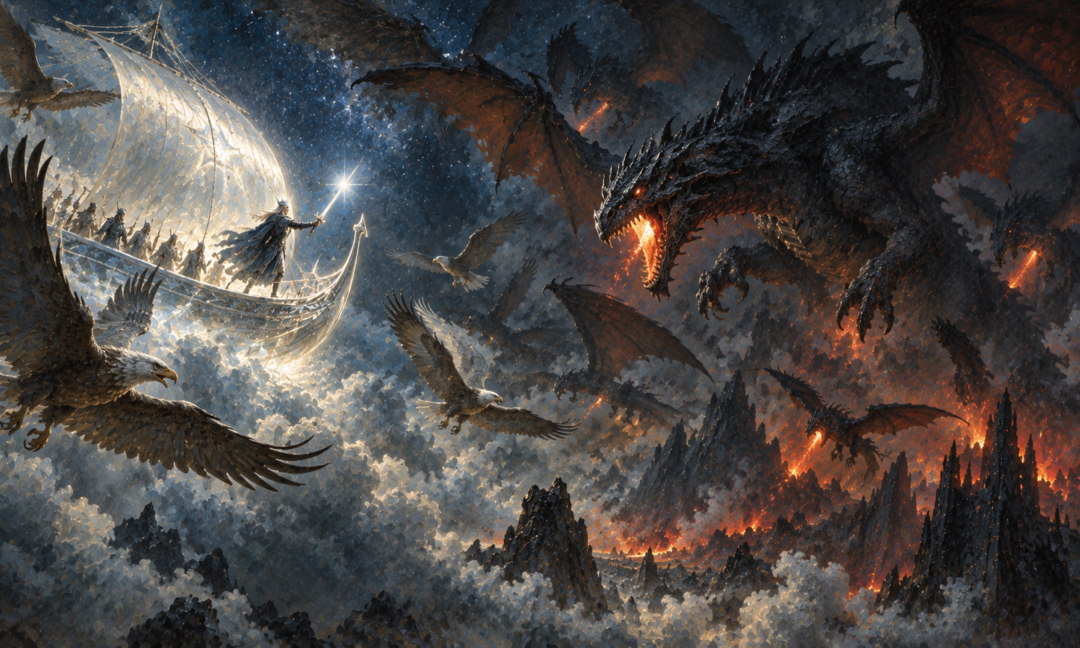 Eärendil aboard Vingilot battling Ancalagon and the winged dragons with the great Eagles