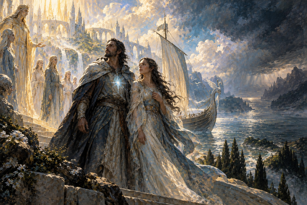 Eärendil and Elwing in Aman facing the judgment that allows them to choose between the kindreds of Elves and Men.