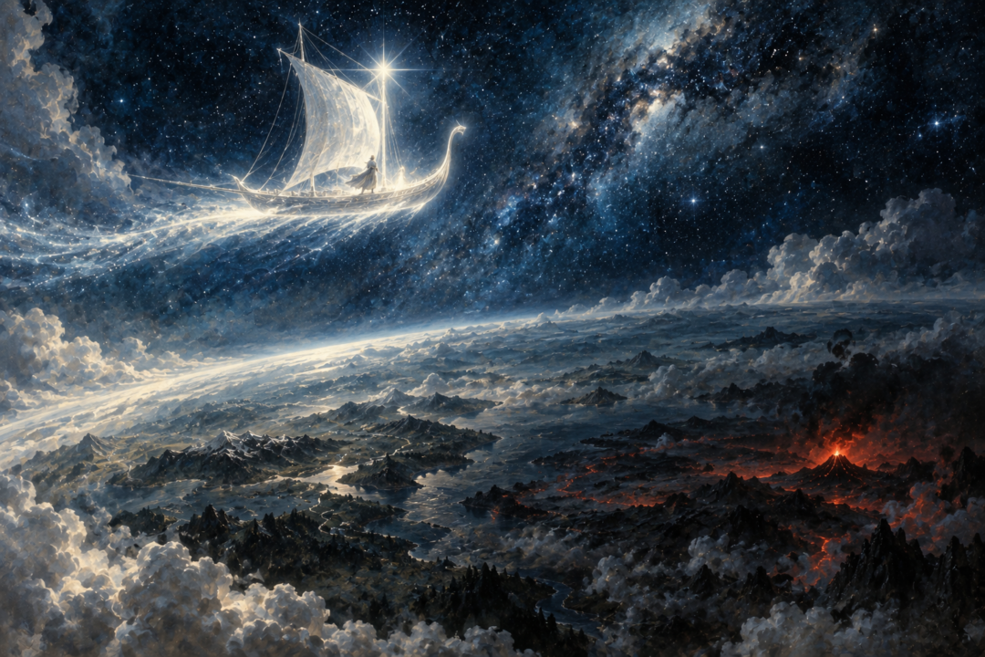 Eärendil sails the shining vessel Vingilot through the heavens with the radiant Silmaril blazing like a star.