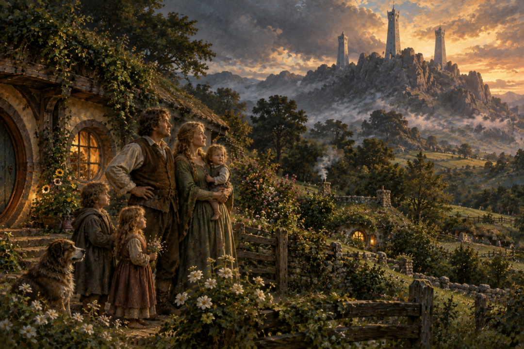 Elanor the Fair and Fastred with their family at Undertowers beneath the ancient Tower Hills