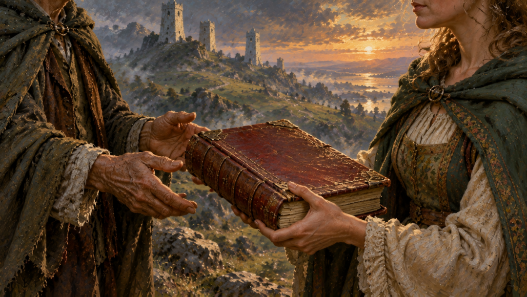 Elanor receiving the weathered Red Book from the aged hands of Samwise at the Tower Hills.