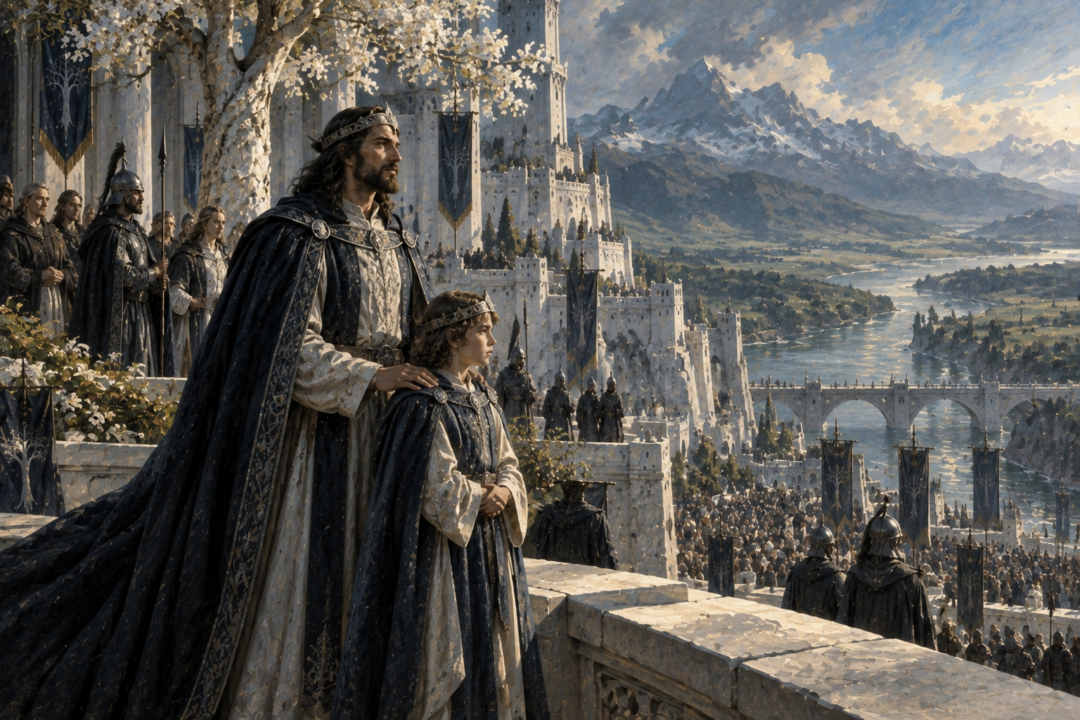 King Elessar and Eldarion in restored Minas Tirith symbolizing the continuation of Gondor's ancient Quenya royal tradition