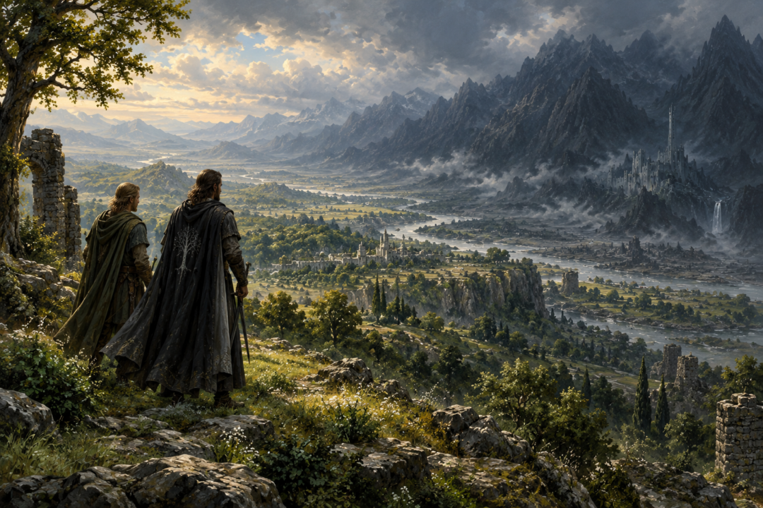 King Elessar and Prince Faramir looking from Emyn Arnen toward the distant Morgul Vale