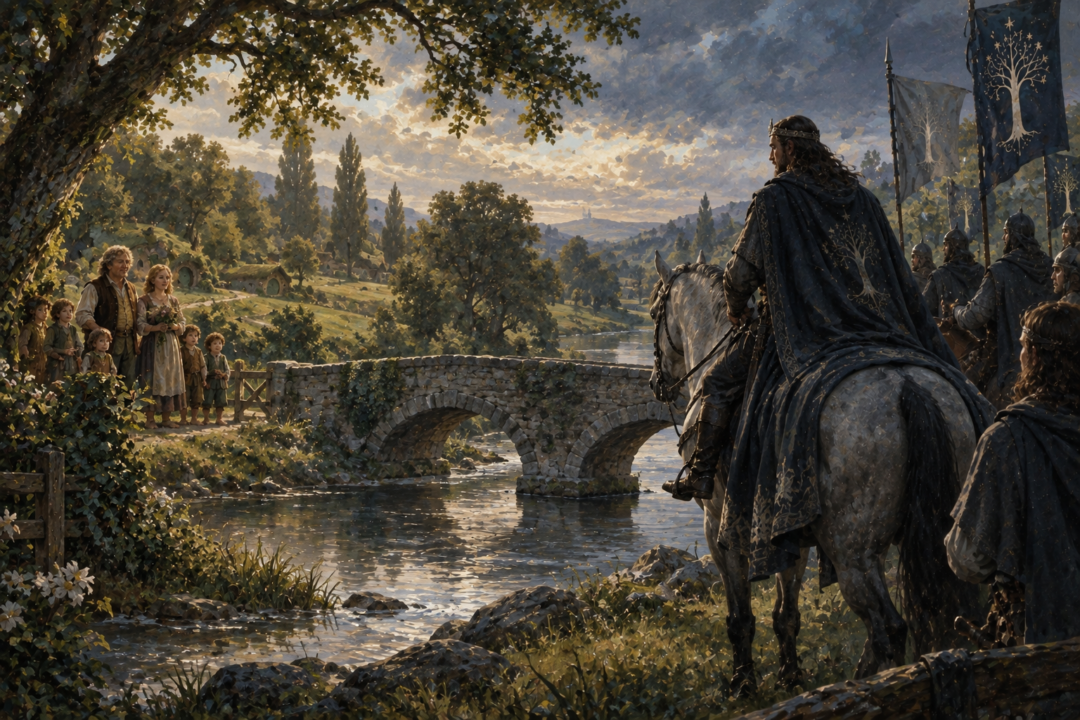 King Elessar approaches the Baranduin Bridge to meet Samwise and his family at the boundary of the Shire.