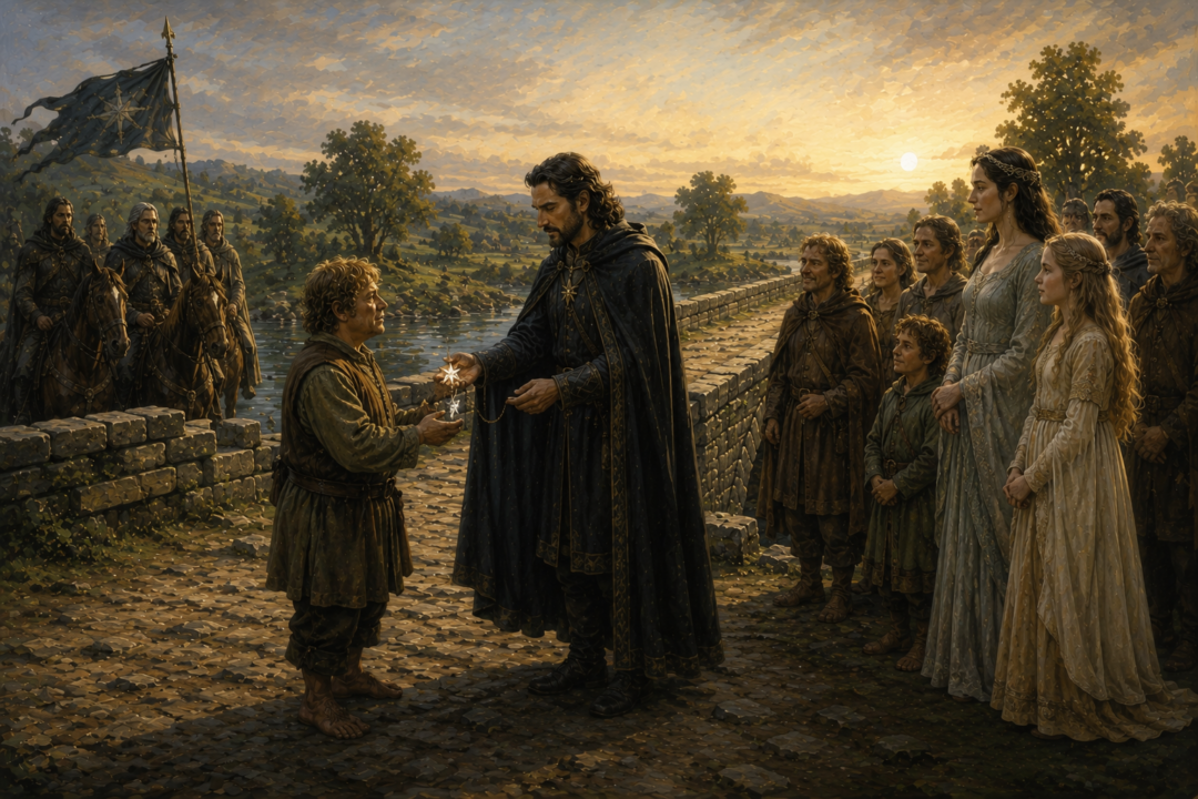 King Elessar meets Samwise at the Brandywine Bridge and presents him with the Star of the Dúnedain.