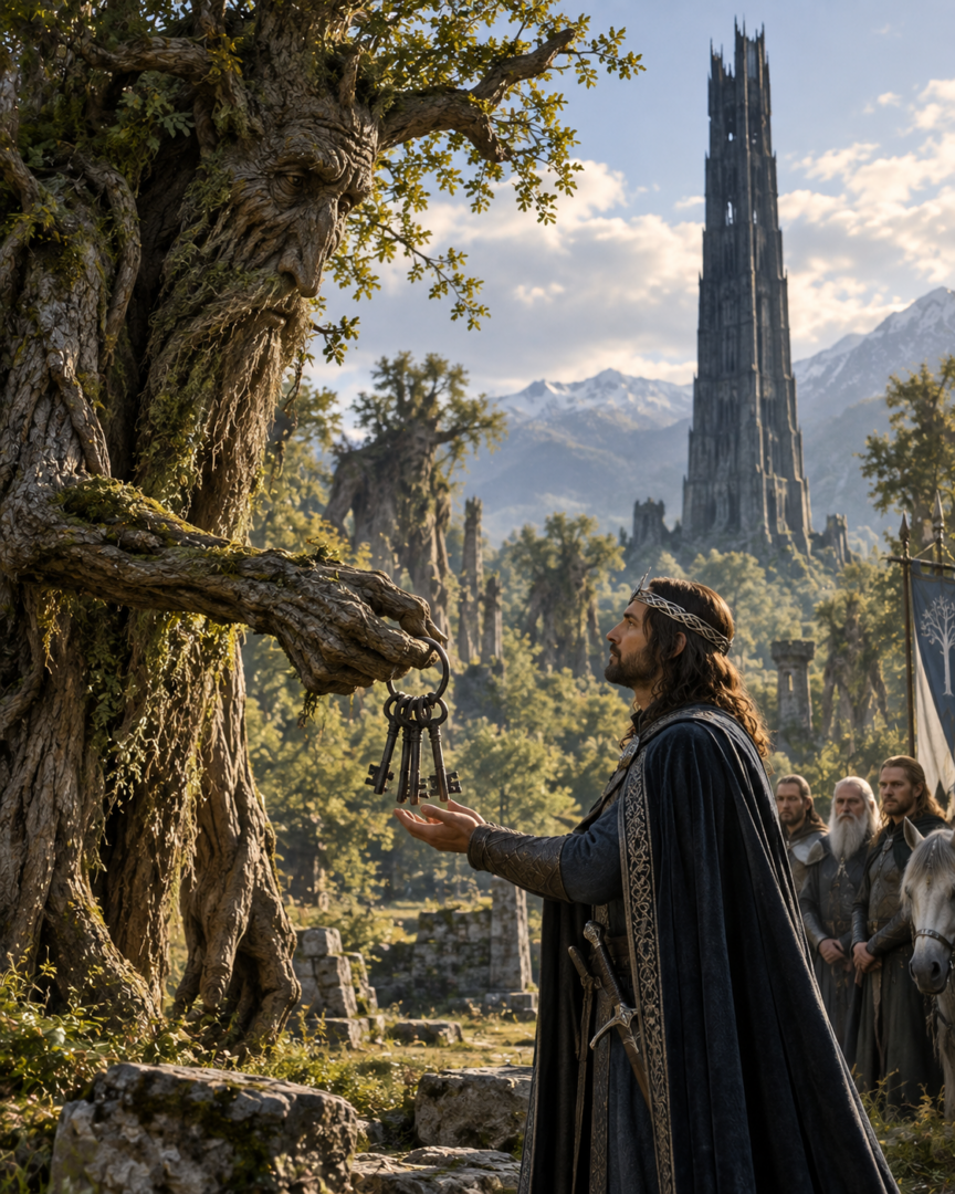 King Elessar receiving the keys of Orthanc from Treebeard in the restored valley of Isengard