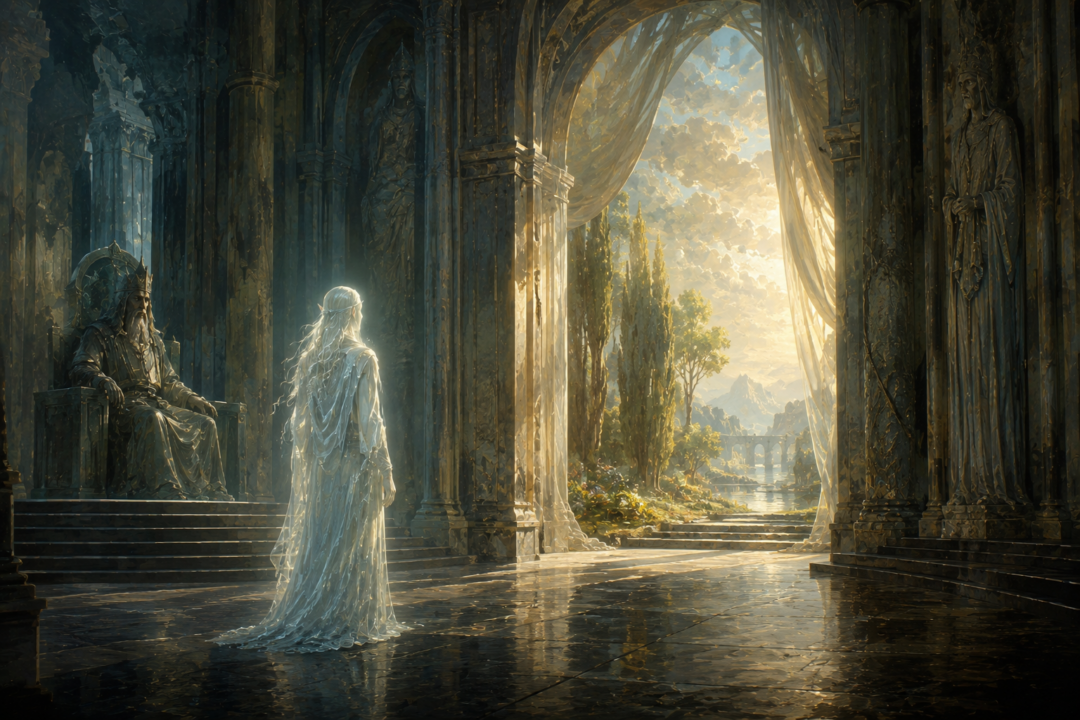 Elven spirit standing at a luminous threshold after judgment in the Halls of Mandos