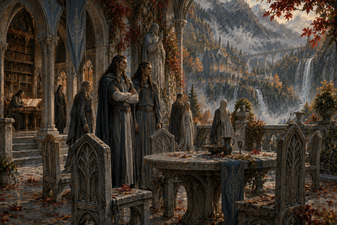 Elladan and Elrohir remaining with High Elves in Rivendell after their father Elrond has departed.