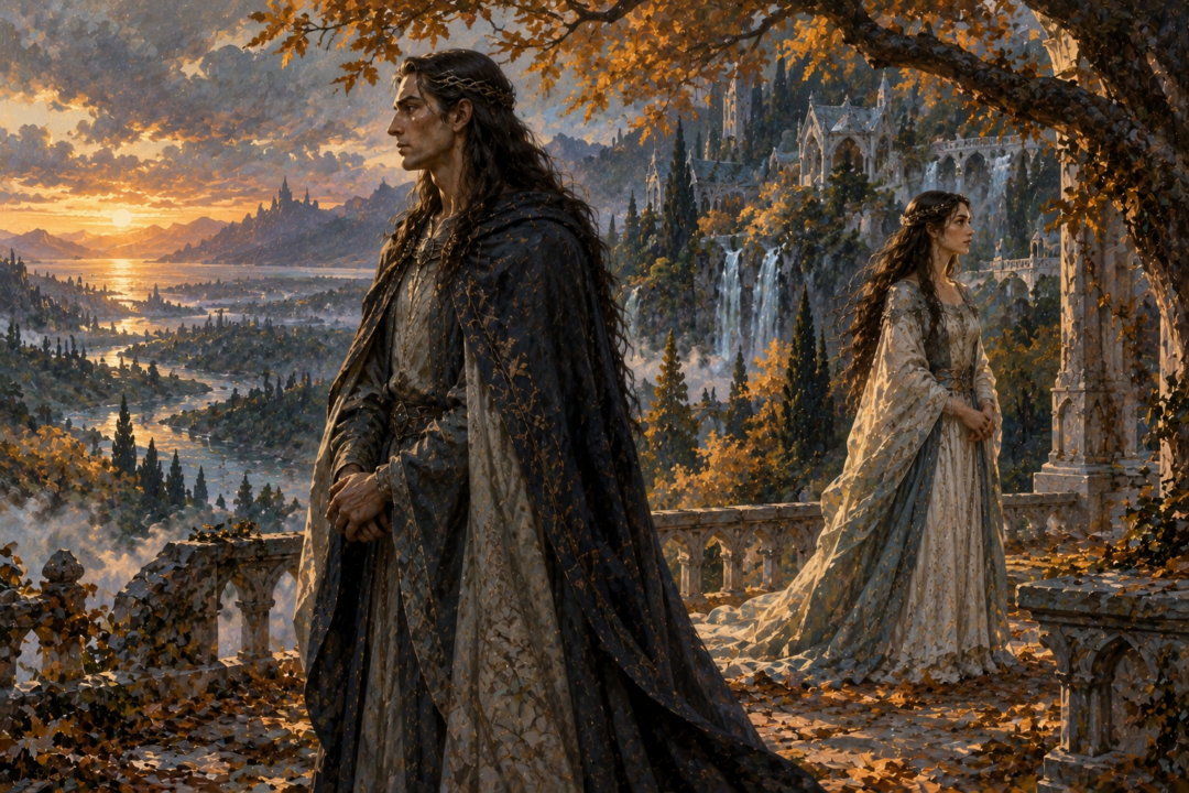 Elrond and Arwen in Rivendell facing the sorrowful separation created by Arwen's choice of mortality.