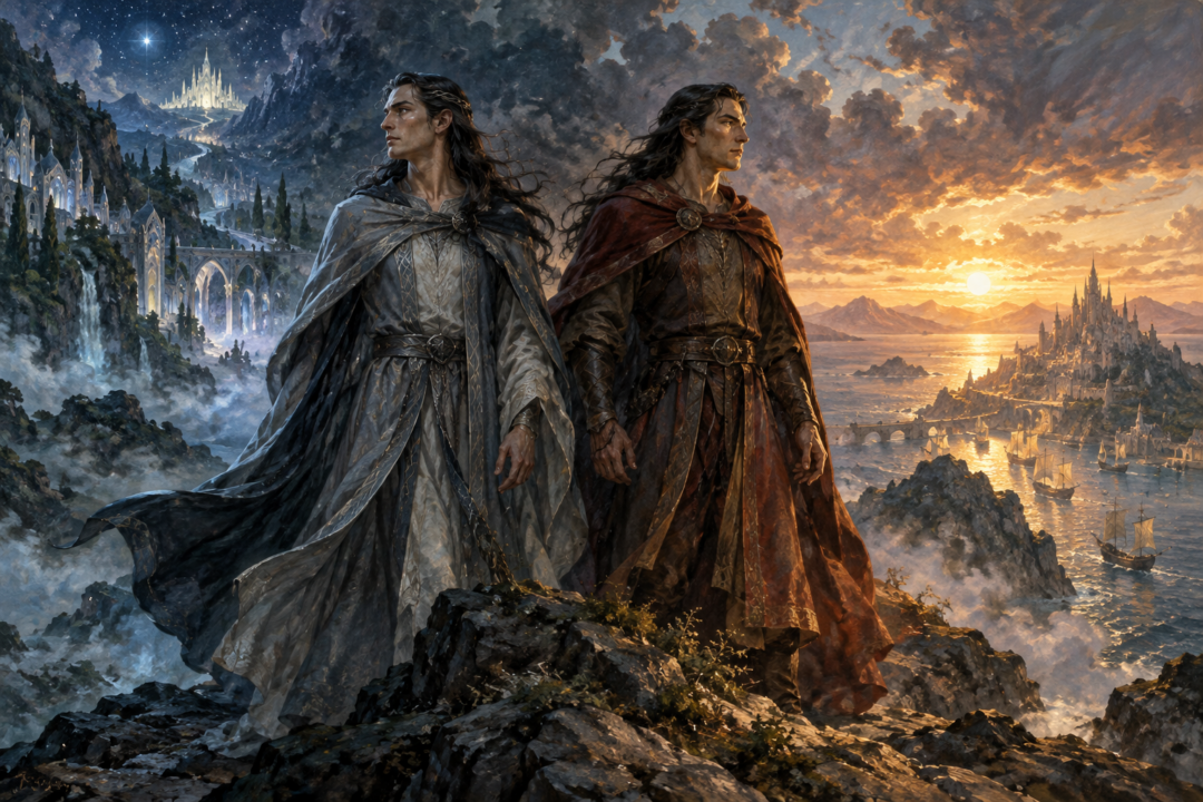 Elrond and Elros facing separate Elven and mortal paths after receiving the choice of the Half-elven.