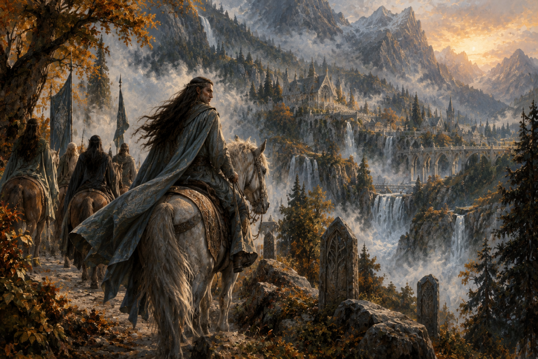 Elrond looking back toward Rivendell as he departs the Last Homely House for the final time.