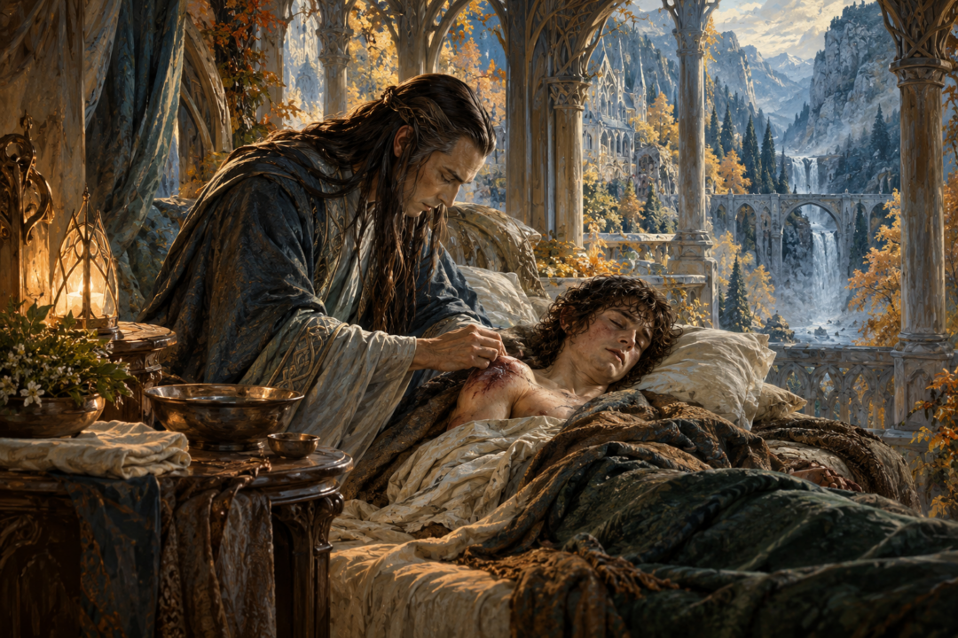 Elrond tending the gravely wounded Frodo in Rivendell after the Morgul-knife attack