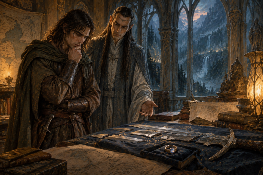 Elrond reveals Aragorn's ancestry beside the shards of Narsil and the Ring of Barahir.