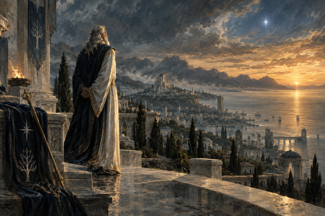 Elros Tar-Minyatur peacefully facing the western sea near the end of his five-hundred-year mortal life in Númenor